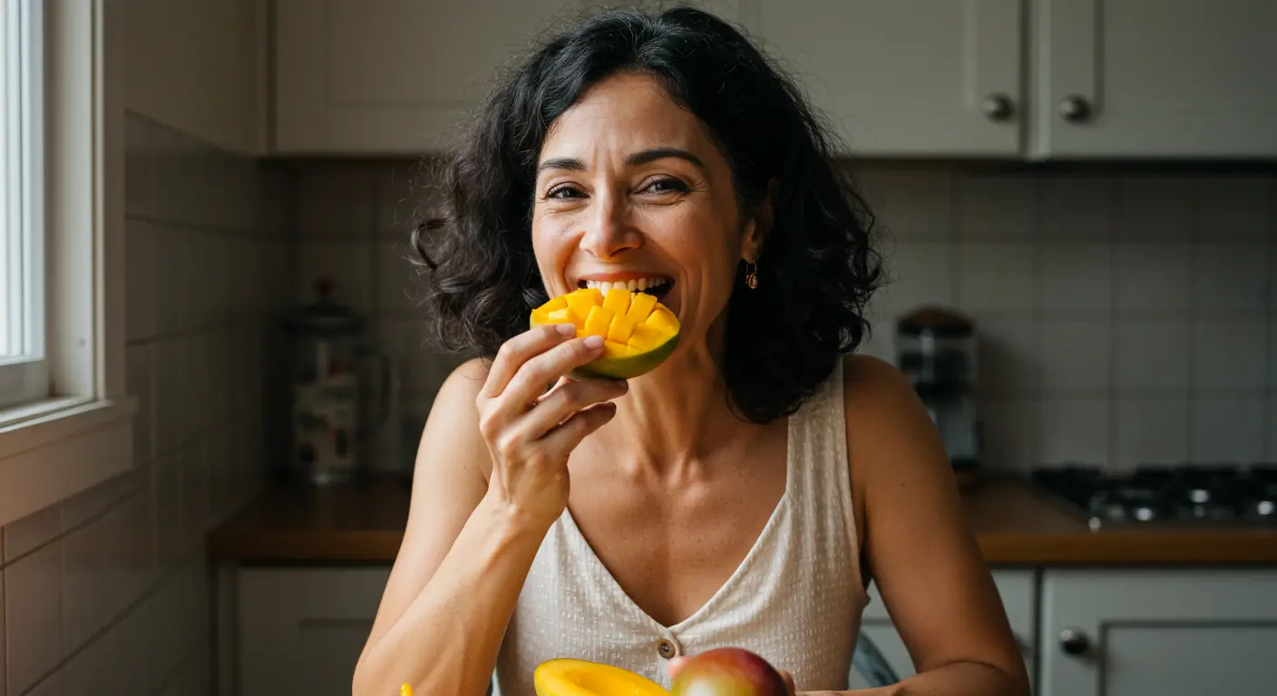 mulher comendo frutas