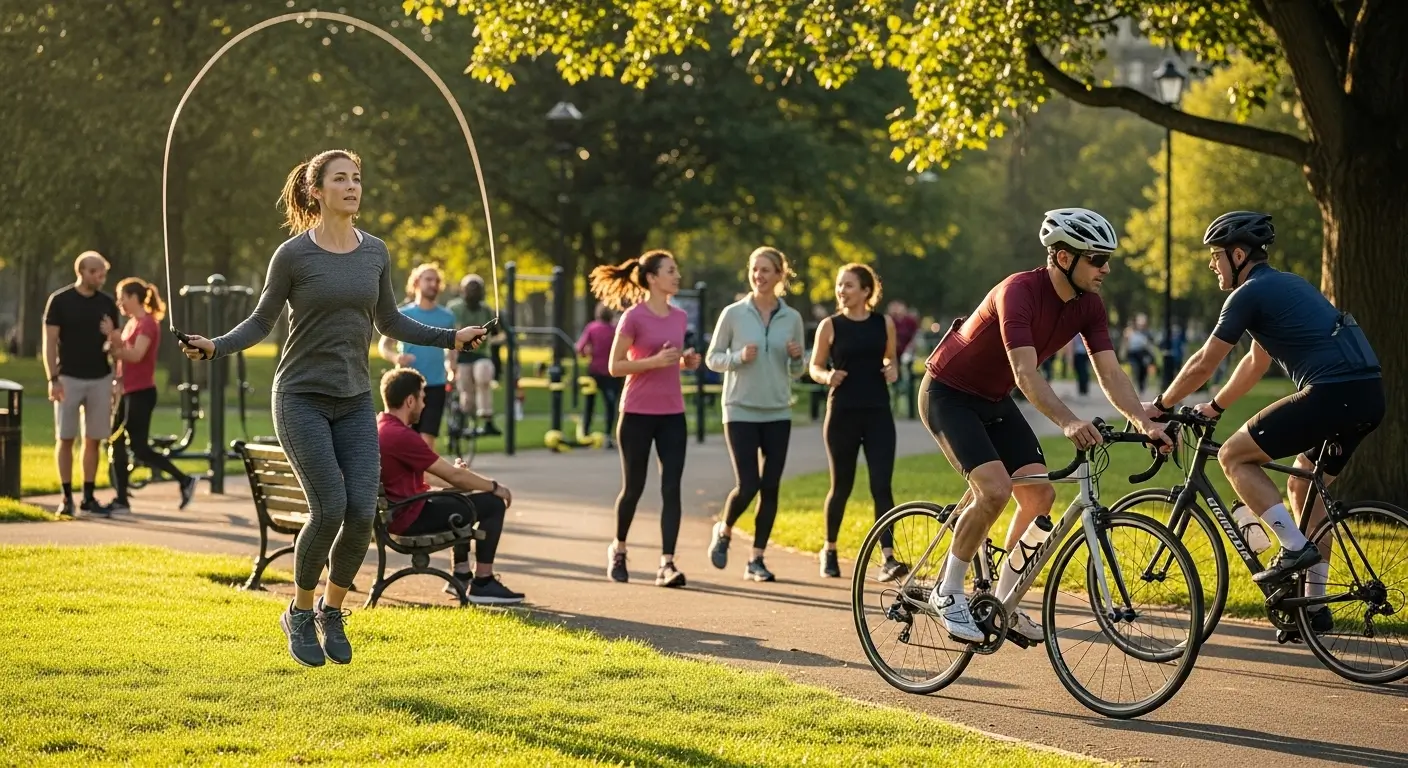 Pessoas praticando diferentes exercícios como caminhada, ciclismo e pulando corda para melhorar a circulação.