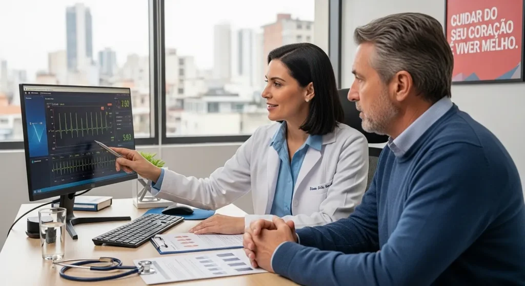 Médico e paciente conversando sobre resultados de exames cardíacos