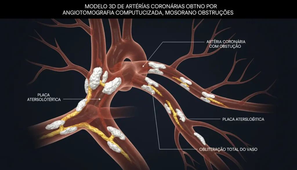 Modelo 3D de artérias coronárias obtido por angiotomografia, mostrando obstruções