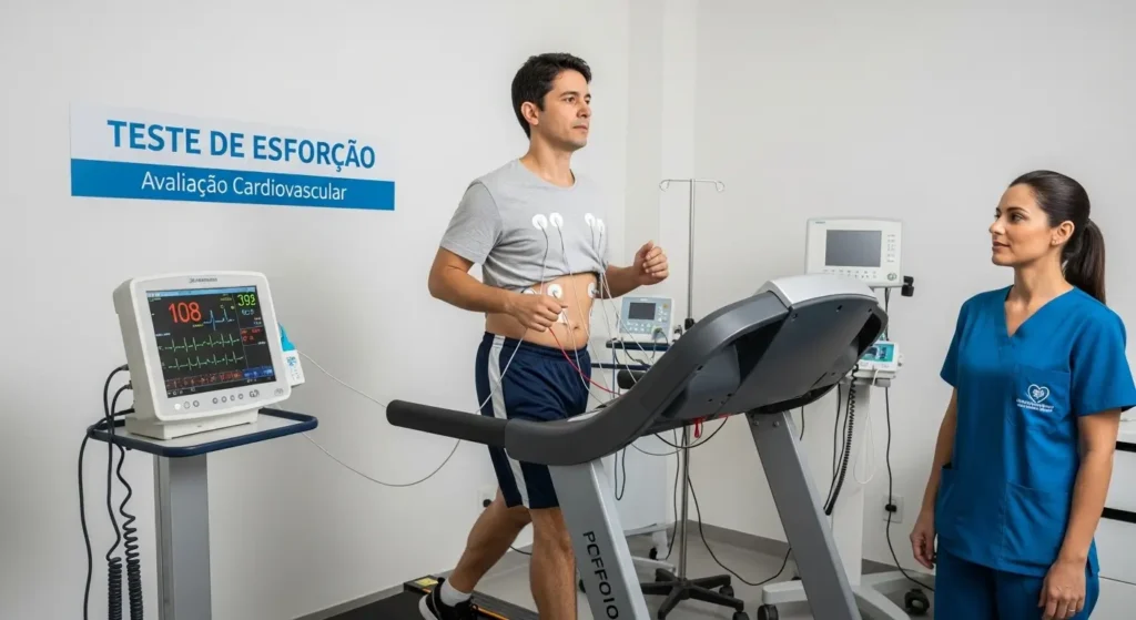 Pessoa em esteira durante teste ergométrico com monitoramento cardíaco